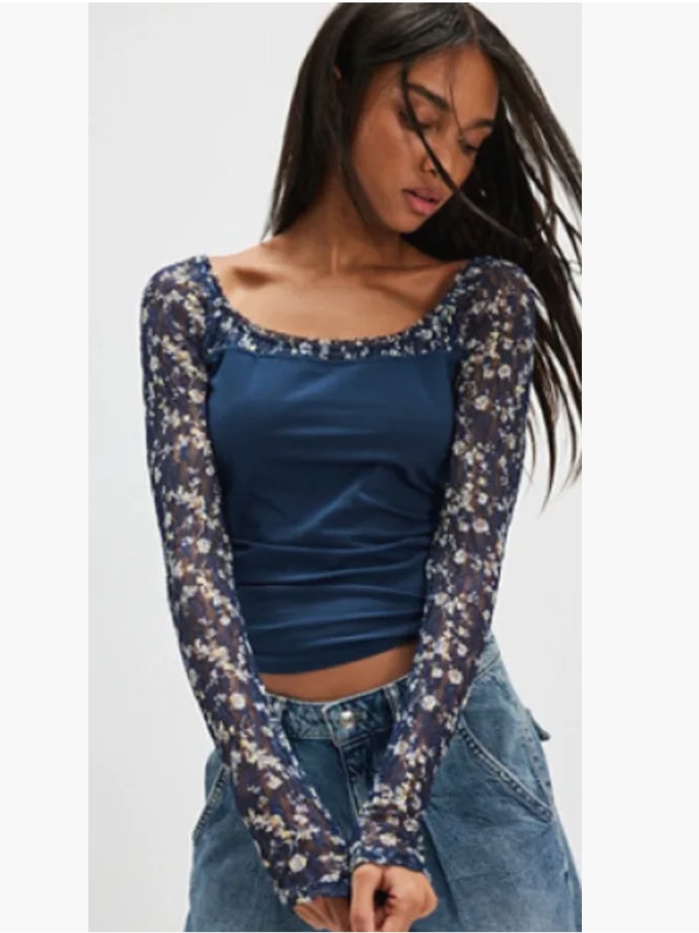 Free People Josie Long Sleeve Top Blue Floral Dainty Romantic